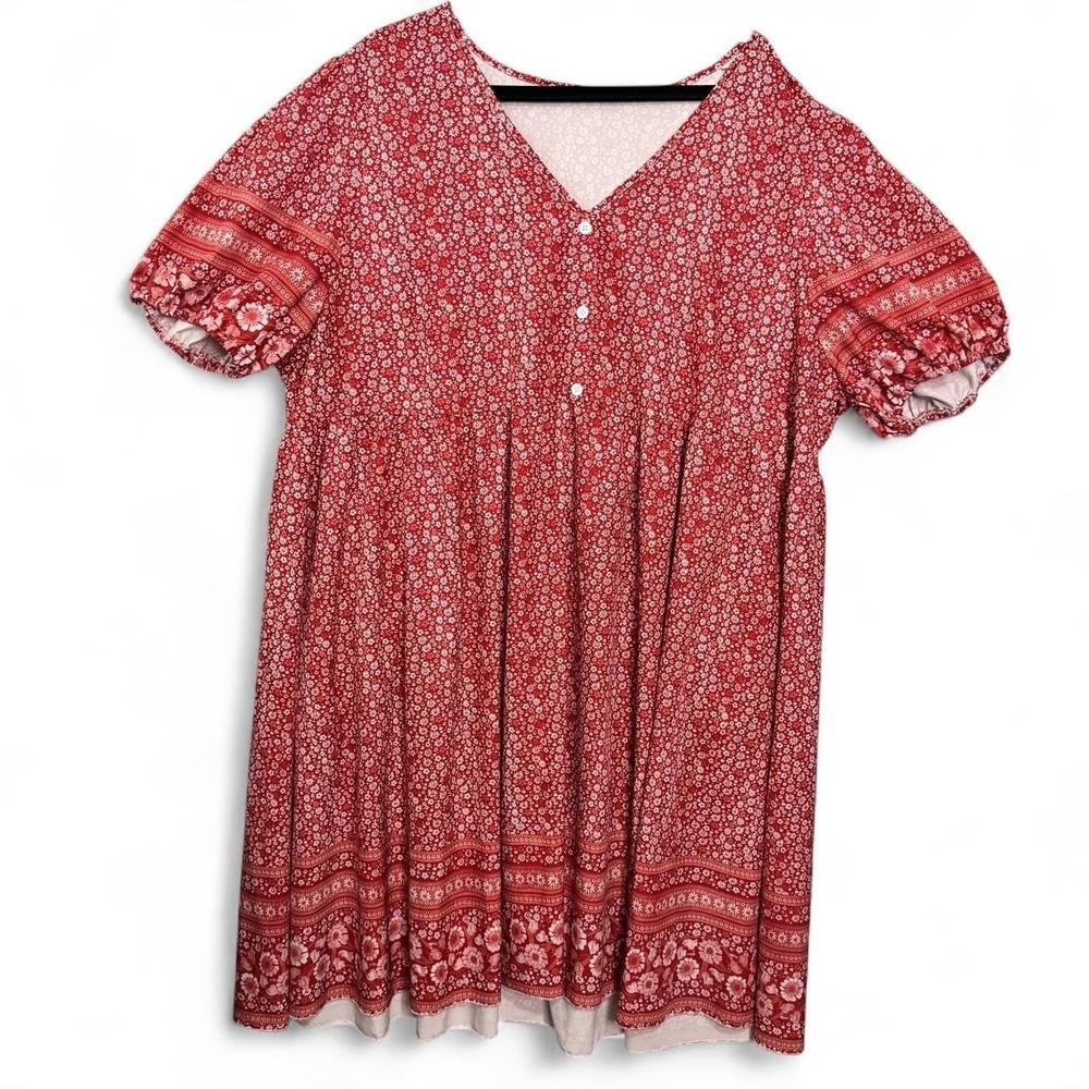 Shein Curve Babydoll Dress 4XL Red Floral V-Neck Puff Sleeve Boho Cottagecore - Picture 2 of 8